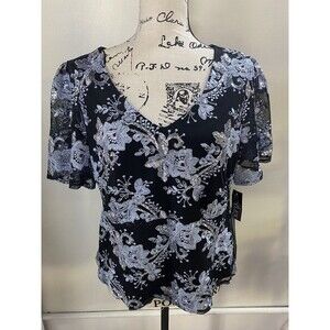 Alex Evenings Black & Silver Sequin 3/4 Sleeve V Neckline Top Size L P